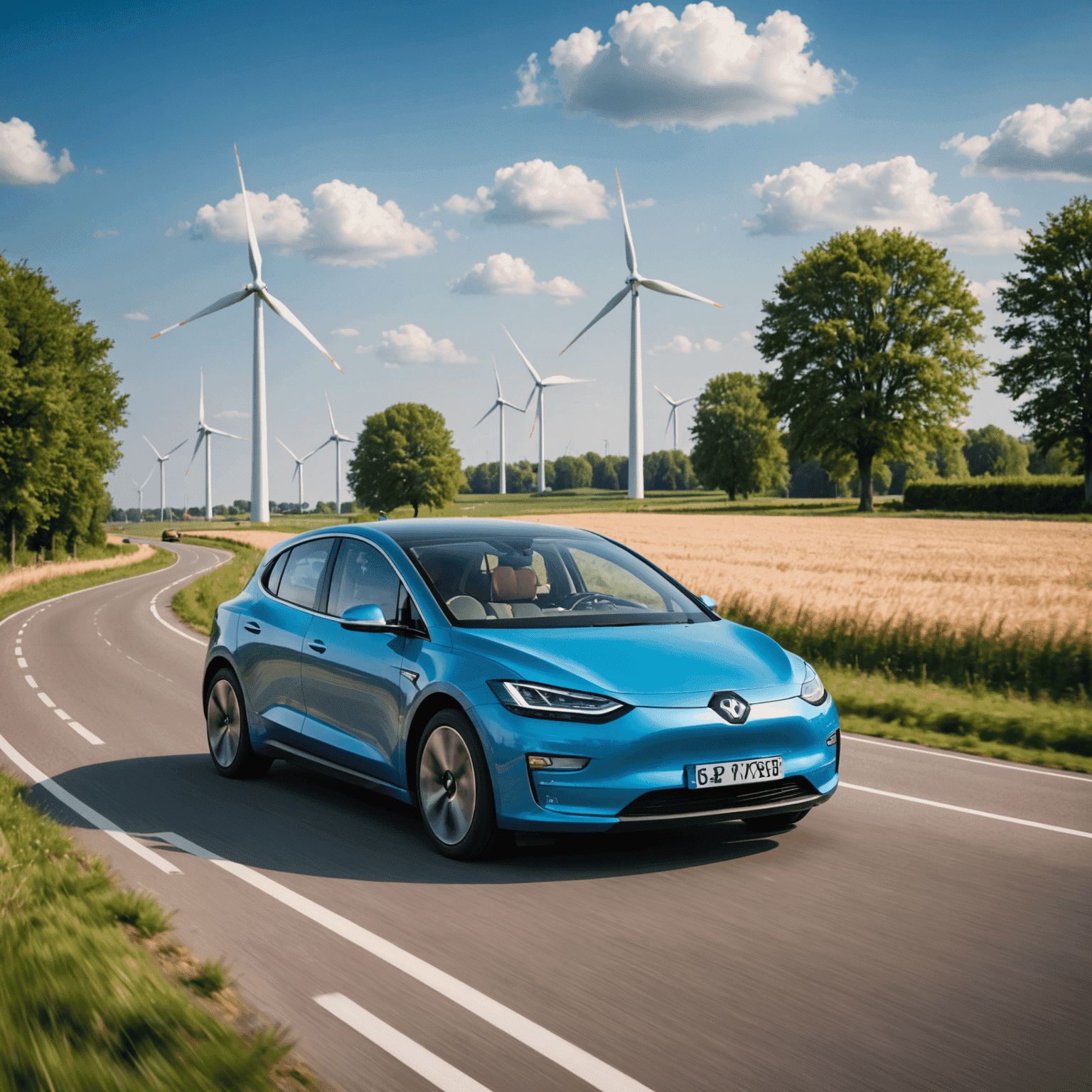 Een moderne elektrische auto rijdend op een Nederlandse weg met windmolens op de achtergrond, symboliserend de groeiende populariteit van elektrische voertuigen in Nederland