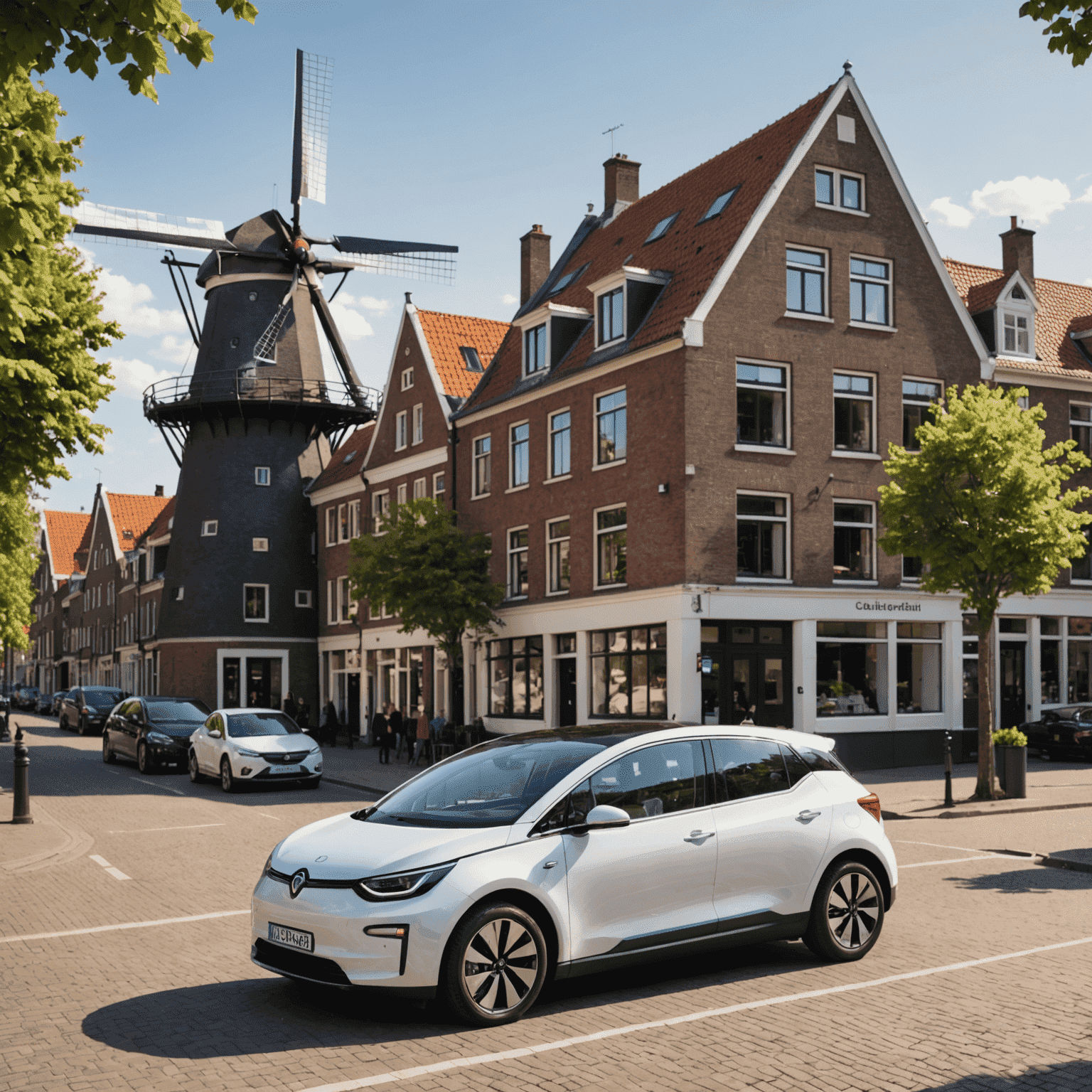 Een moderne elektrische auto rijdt door een typisch Nederlands straatbeeld met windmolens op de achtergrond