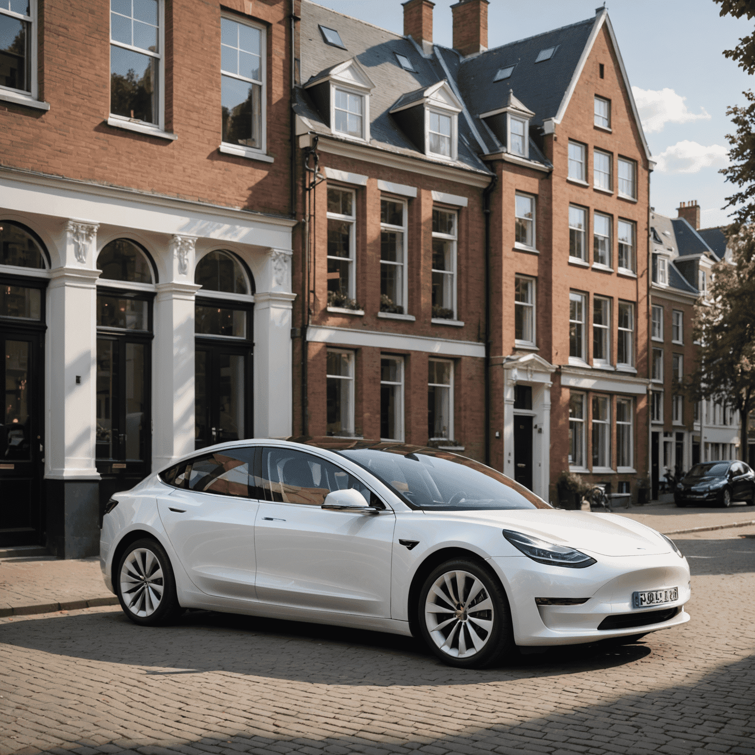 Een glanzende witte Tesla Model 3 geparkeerd op een Nederlandse straat met typische architectuur op de achtergrond