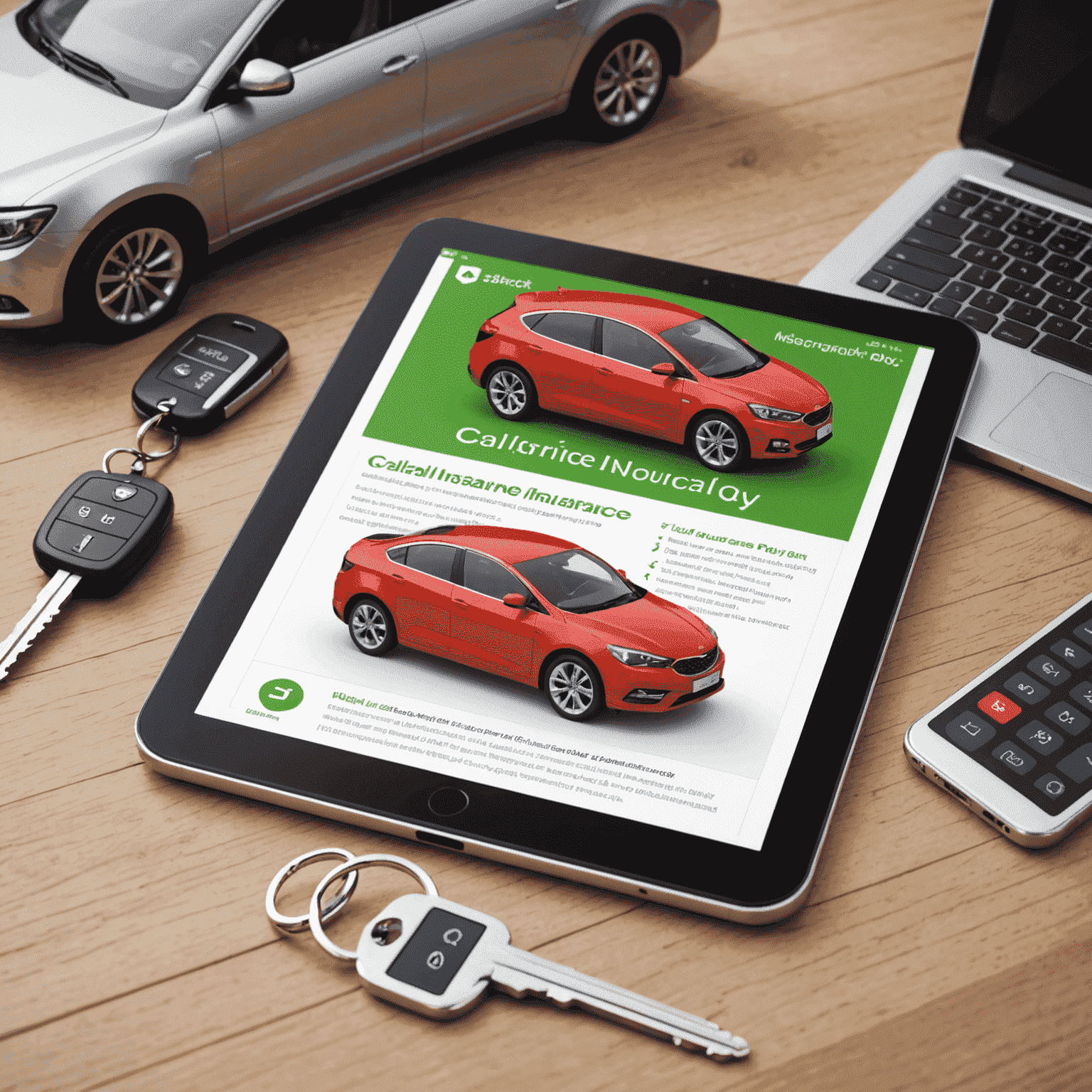 Een tablet met een digitaal autoverzekeringspolis op het scherm, naast een sleutelhanger met autosleutels, wat de moderne aanpak van elektronische autoverzekeringen illustreert