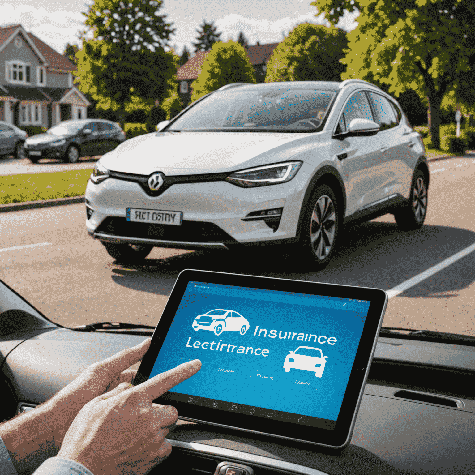 Een tablet met een digitale autoverzekeringspolis op het scherm, met op de achtergrond een elektrische auto