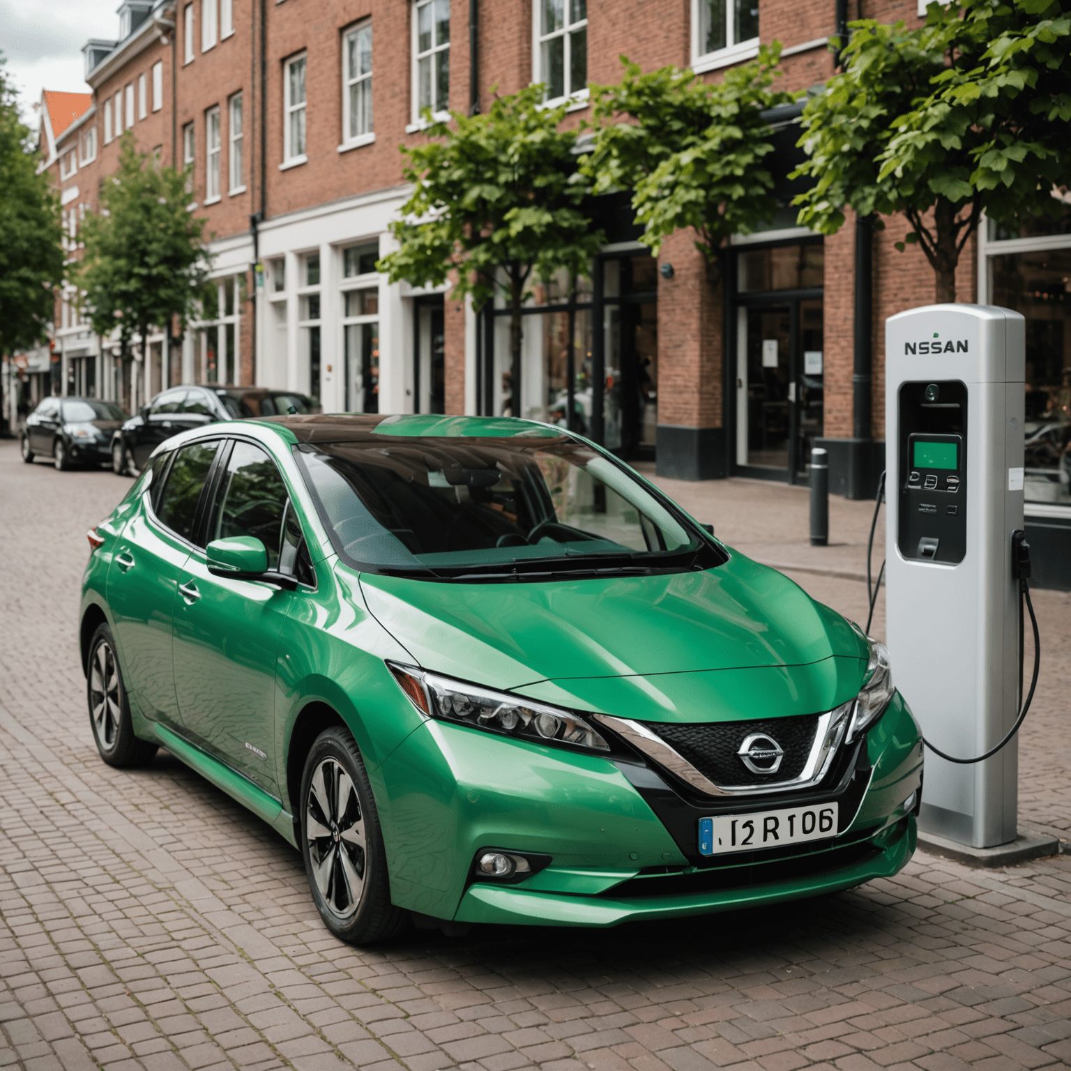 Een groene Nissan Leaf geparkeerd bij een laadstation in een typisch Nederlands stadscentrum